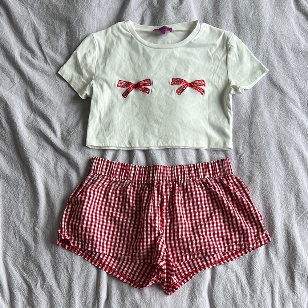 Edikted Set- Crop Top and Red Gingham Shorts Set